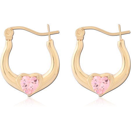 GOLD PVD 18K COATED SURGICAL STEEL HOOP EARRINGS HEART PINK GEM