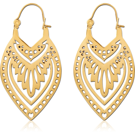 GOLD PVD COATED SURGICAL STEEL HOOP EARRINGS MANDALA TEARDROP CUTOUT