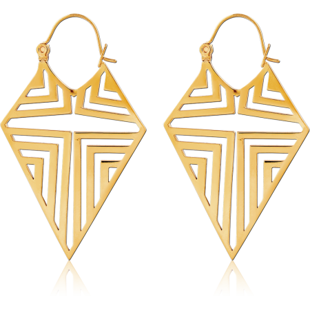 GOLD PVD COATED SURGICAL STEEL HOOP EARRINGS GEOMETRIC DIAMOND MAZE CUTOUT