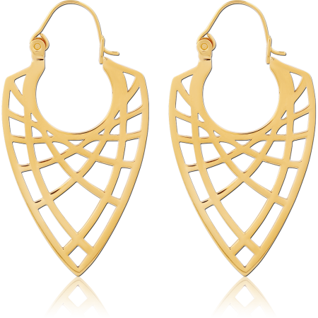 GOLD PVD COATED SURGICAL STEEL HOOP EARRINGS LATTICE V SHIELD CUTOUT