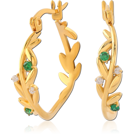 GOLD PVD COATED SURGICAL STEEL HOOP EARRINGS LEAF VINE GREEN AND CLEAR GEMS