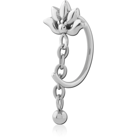 316L SURGICAL STEEL OPEN HOOP EARRING LOTUS TOP WITH CHAIN AND BALL CHARM