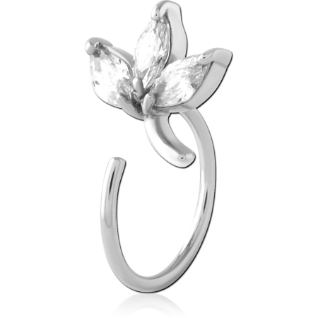 316L SURGICAL STEEL OPEN HOOP EARRING THREE PETAL FLOWER GEM