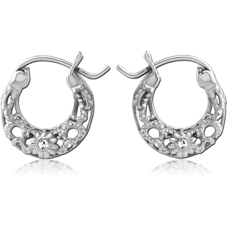 SURGICAL STEEL HOOP EARRINGS FLORAL FILIGREE WITH CENTER CLEAR GEM