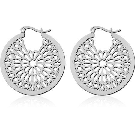 316L SURGICAL STEEL HOOP EARRINGS FLORAL MANDALA CUTOUT DISC DESIGN POLISHED FINISH