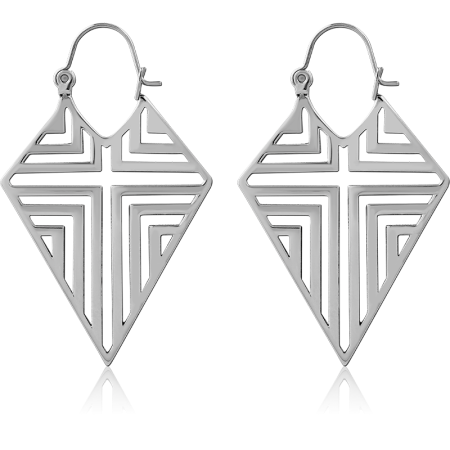316L SURGICAL STEEL HOOP EARRINGS DIAMOND MAZE LINE CUTOUT GEOMETRIC CROSS PATTERN