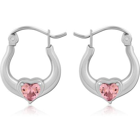 316L SURGICAL STEEL HOOP EARRINGS CRESCENT DESIGN WITH PINK HEART GEMSTONE