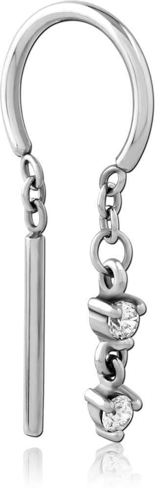 SURGICAL STEEL HOOP RING DOUBLE CHAIN DROP WITH TRIPLE GEM AND BAR CHARMS