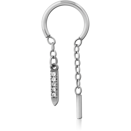SURGICAL STEEL HOOP RING DOUBLE CHAIN DROP WITH PAVE GEM BAR AND BAR CHARMS