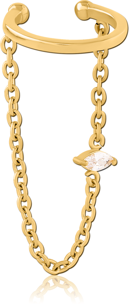 GOLD PVD 18K COATED SURGICAL STEEL EAR CUFF DOUBLE CHAIN MARQUISE GEM