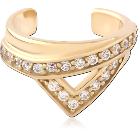 GOLD PVD 18K COATED SURGICAL STEEL EAR CUFF LAYERED V PAVE GEMS