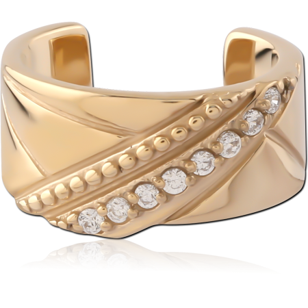 GOLD PVD 18K COATED SURGICAL STEEL EAR CUFF BEADED DIAGONAL CLEAR GEMS