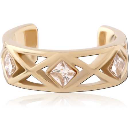 GOLD PVD 18K COATED SURGICAL STEEL EAR CUFF OPEN LATTICE SQUARE GEMS