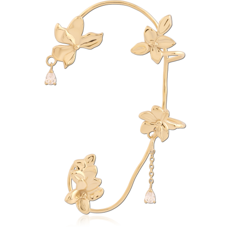 GOLD PVD 18K COATED SURGICAL STEEL LEFT EAR CUFF FLORAL VINE WITH TEARDROP CHARMS