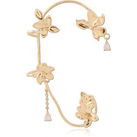 GOLD PVD 18K COATED SURGICAL STEEL RIGHT EAR CUFF FLORAL VINE WITH TEARDROP CHARMS