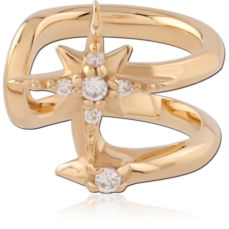 GOLD PLATED 18K STERLING SILVER 925 EAR CUFF DOUBLE BAND STARBURST CLEAR GEMS