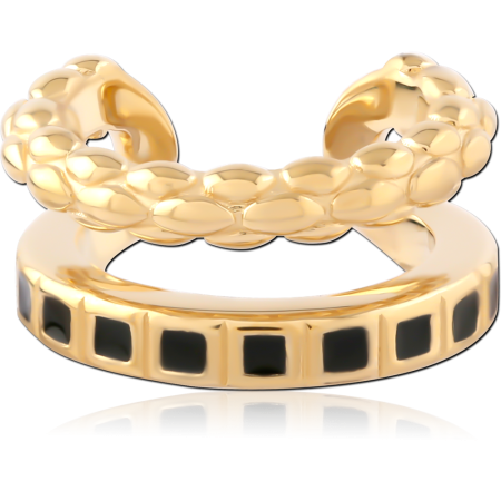 GOLD PLATED 18K STERLING SILVER 925 EAR CUFF DOUBLE BAND BLACK ENAMEL SQUARES