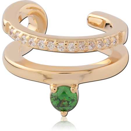 GOLD PLATED 18K STERLING SILVER 925 EAR CUFF DOUBLE BAND WITH GREEN GEM CHARM