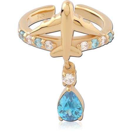 GOLD PLATED 18K STERLING SILVER 925 JEWELED EAR CUFF AIRPLANE WITH TEARDROP BLUE CHARM