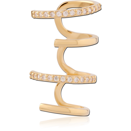 GOLD PLATED 18K STERLING SILVER 925 EAR CUFF TRIPLE SPIRAL PAVE CLEAR GEMS