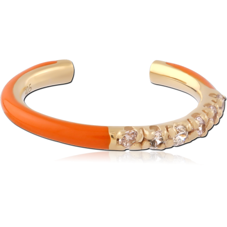 GOLD PLATED 18K STERLING SILVER 925 EAR CUFF ORANGE ENAMEL AND CLEAR GEMS