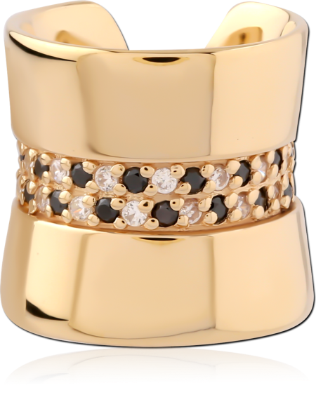 GOLD PLATED 18K STERLING SILVER 925 EAR CUFF TRIPLE ROW BLACK AND CLEAR GEMS