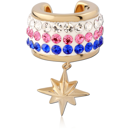 GOLD PLATED 18K STERLING SILVER 925 EAR CUFF WHITE ENAMEL GEMS WITH STAR CHARM