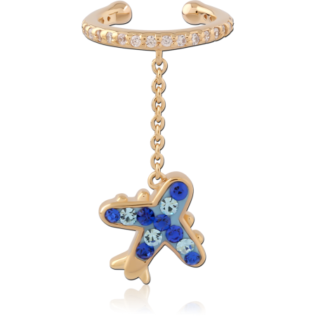 GOLD PLATED 18K STERLING SILVER 925 EAR CUFF CLEAR GEMS WITH AIRPLANE CHARM