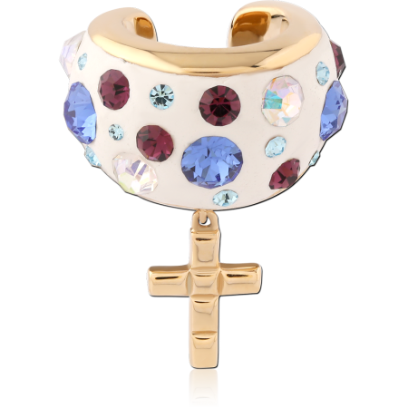 GOLD PLATED 18K STERLING SILVER 925 EAR CUFF MULTICOLOR GEMS WITH CROSS CHARM
