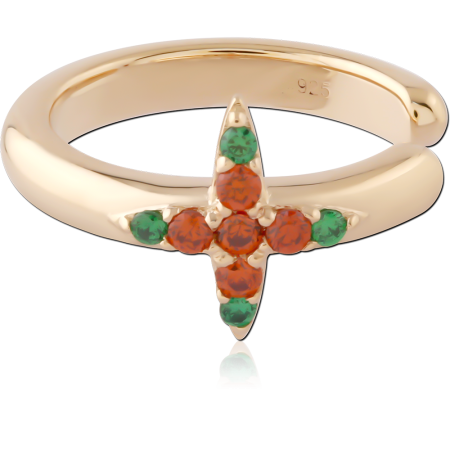 GOLD PLATED 18K STERLING SILVER 925 EAR CUFF GREEN AND ORANGE GEMS CROSS