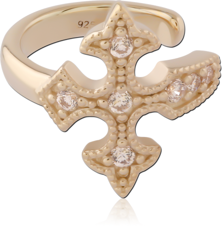 GOLD PLATED 18K STERLING SILVER 925 EAR CUFF BEADED CROSS WITH CLEAR GEMS