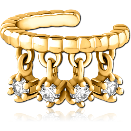 GOLD PVD COATED SURGICAL STEEL EAR CUFF TEXTURED BAND WITH TRIPLE GEM DANGLES