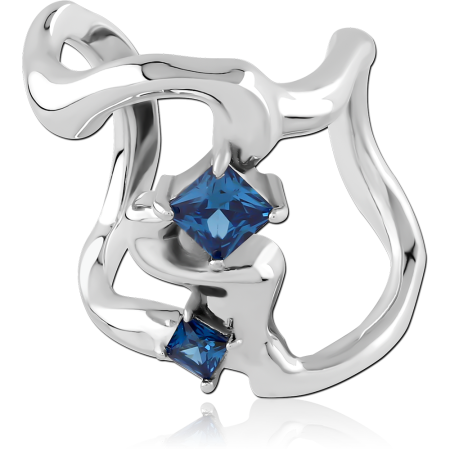 RHODIUM PLATED STERLING SILVER 925 EAR CUFF OPEN ABSTRACT WITH BLUE CRYSTALS
