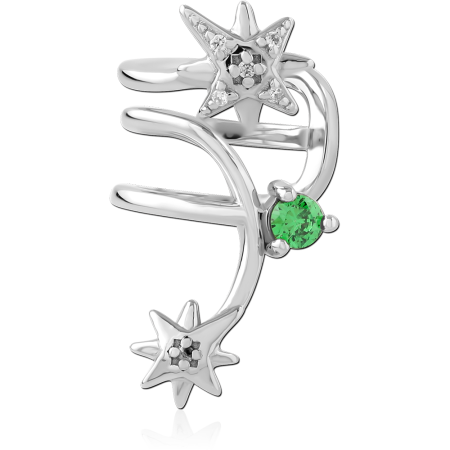 RHODIUM PLATED STERLING SILVER 925 EAR CUFF STAR WRAP WITH GREEN CRYSTAL