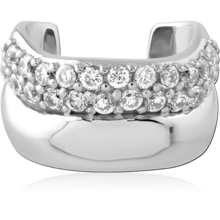 RHODIUM PLATED STERLING SILVER 925 EAR CUFF WIDE BAND CLEAR CRYSTAL PAVE