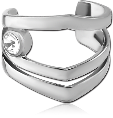 SURGICAL STEEL EAR CUFF DOUBLE CHEVRON BEZEL SET CLEAR GEM ACCENT