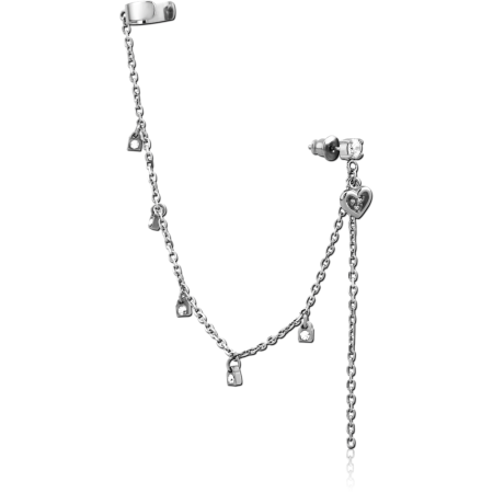 SURGICAL STEEL JEWELED EAR CUFF - HEART AND LOCK