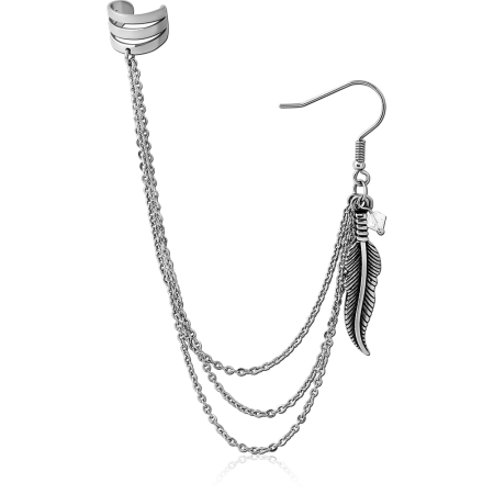 SURGICAL STEEL EAR CUFF - FEATHER WITH CHAIN