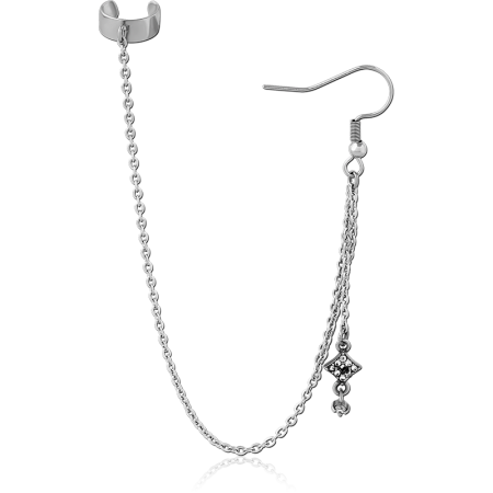 316L SURGICAL STEEL EAR CUFF DOUBLE CHAIN EARRING WITH DIAMOND GEM DROP CHARM