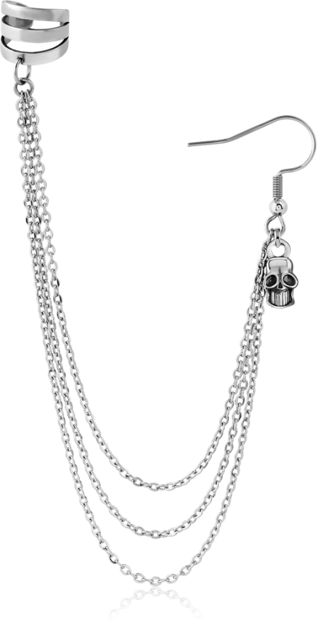 316L SURGICAL STEEL EAR CUFF TRIPLE CHAIN EARRING WITH HANGING SKULL CHARM