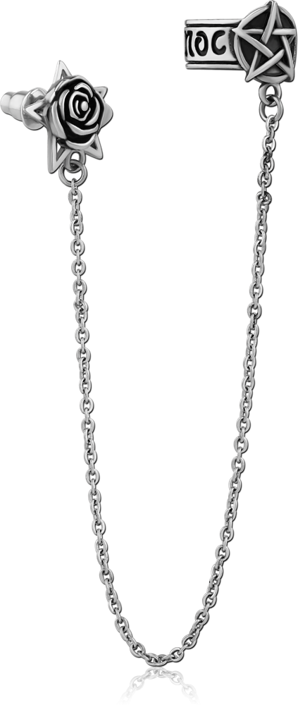 316L SURGICAL STEEL EAR CUFF CHAIN STUD EARRING WITH ROSE AND PENTAGRAM CHARMS
