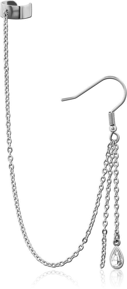 316L SURGICAL STEEL EAR CUFF CHAIN WITH HOOK EARRING AND TEARDROP GEM CHARM