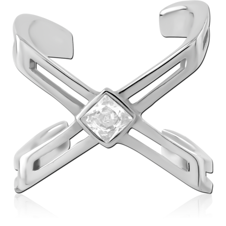 316L SURGICAL STEEL JEWELED EAR CUFF OPEN X DESIGN SQUARE CLEAR GEM