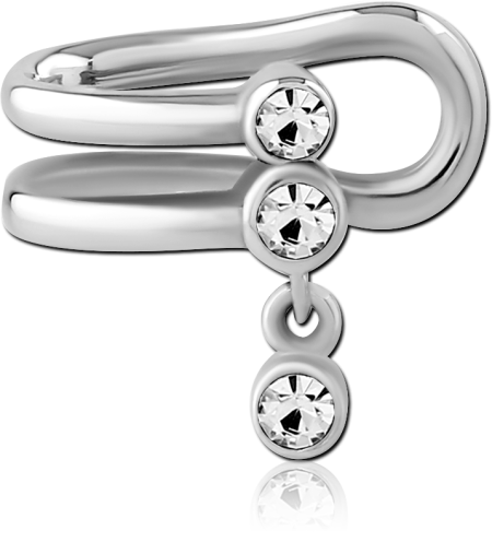 316L SURGICAL STEEL DOUBLE BAND EAR CUFF TRIPLE ROUND GEMS WITH GEM DANGLE LEFT