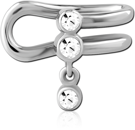 316L SURGICAL STEEL DOUBLE BAND EAR CUFF TRIPLE ROUND GEMS WITH GEM DANGLE RIGHT