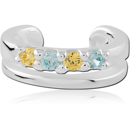 STERLING SILVER EAR CUFF YELLOW AND BLUE CRYSTAL ALTERNATING ROW