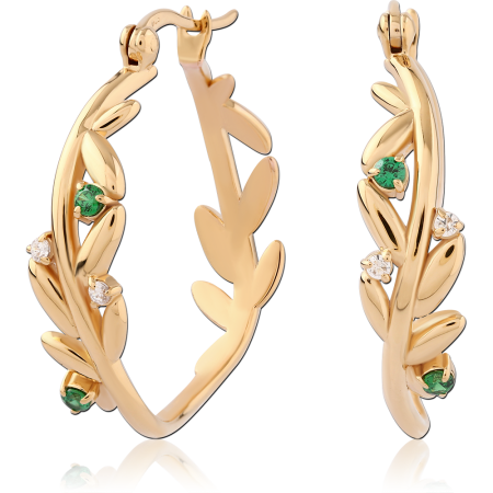 GOLD PLATED 18K STERLING SILVER 925 HOOP EARRINGS LEAF VINE GREEN AND CLEAR GEMS
