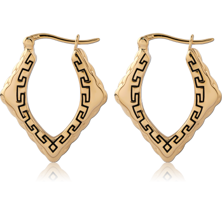 GOLD PLATED 18K STERLING SILVER 925 HOOP EARRINGS GREEK KEY DIAMOND