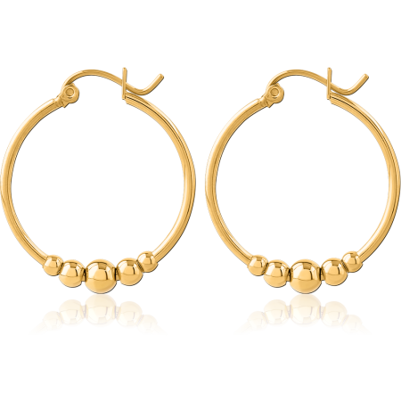 GOLD PVD COATED SURGICAL STEEL HOOP EARRINGS WITH TRIPLE BEAD ACCENTS