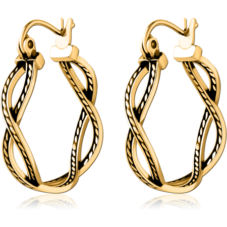 GOLD PVD COATED SURGICAL STEEL HOOP EARRINGS TWISTED CROSSOVER ROPE DESIGN